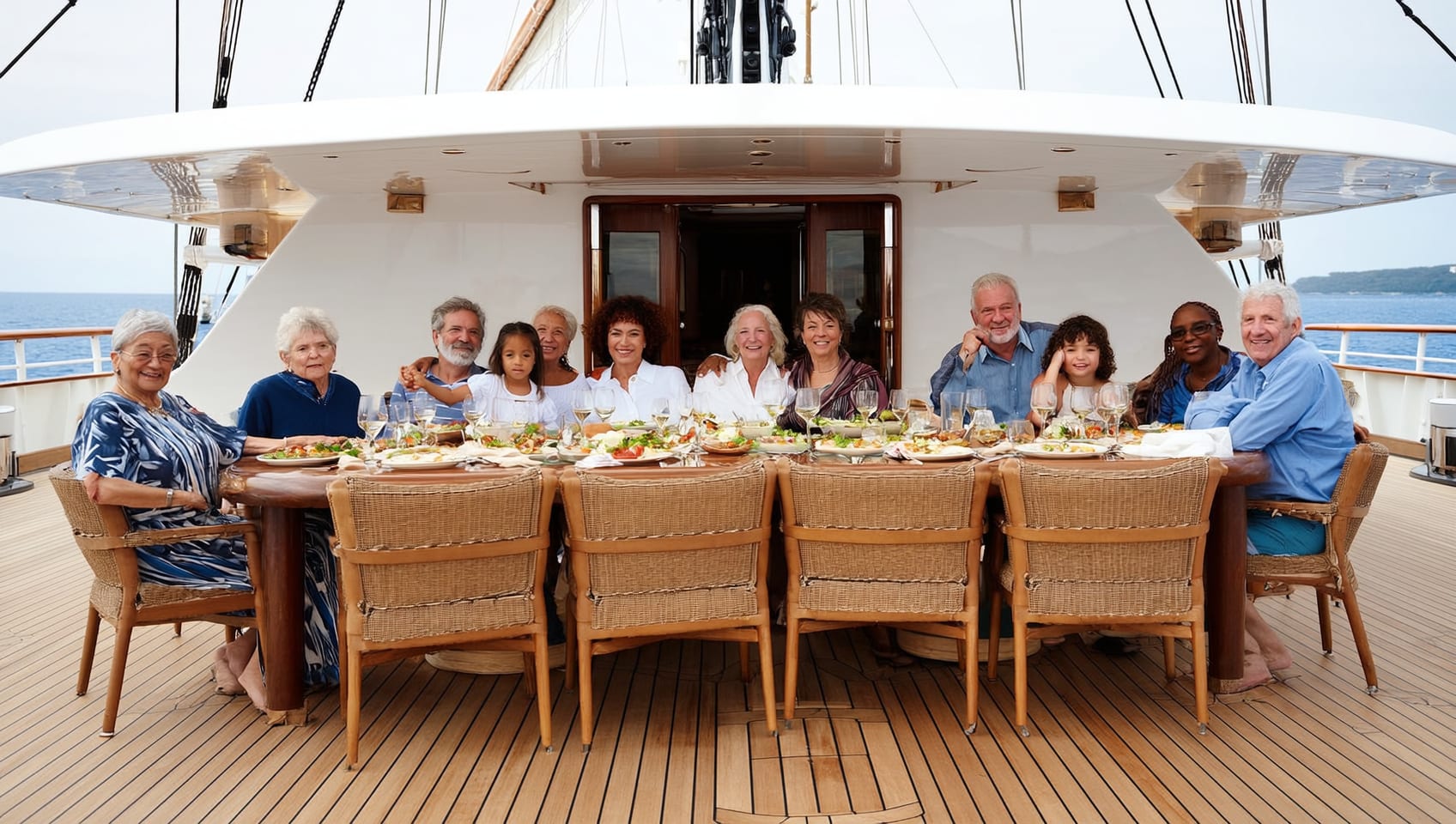 A family sharing breakfast at the aft deck table as the sun climbs