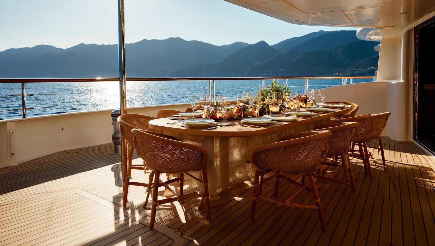 A formally set table for guests on the aft deck at sunset with mountains behind