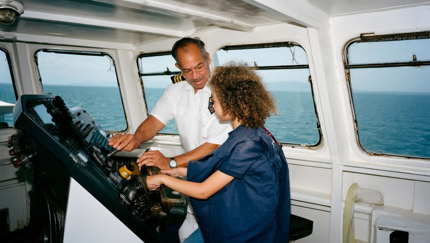 A captain in uniform sharing a moment on the bridge with a guest