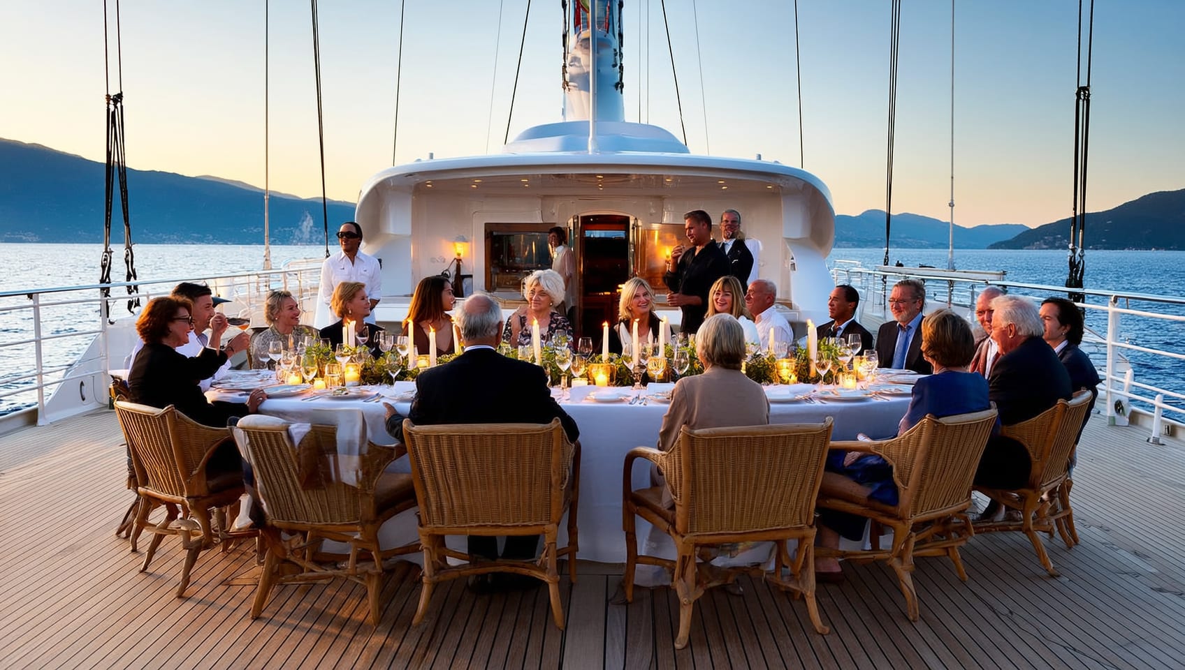 A formally set table for guests on the aft deck at sunset with mountains behind