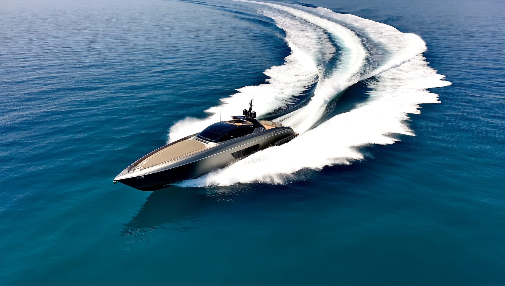 Aerial view of the Gran Turismo 40 at speed, trailing a white wake