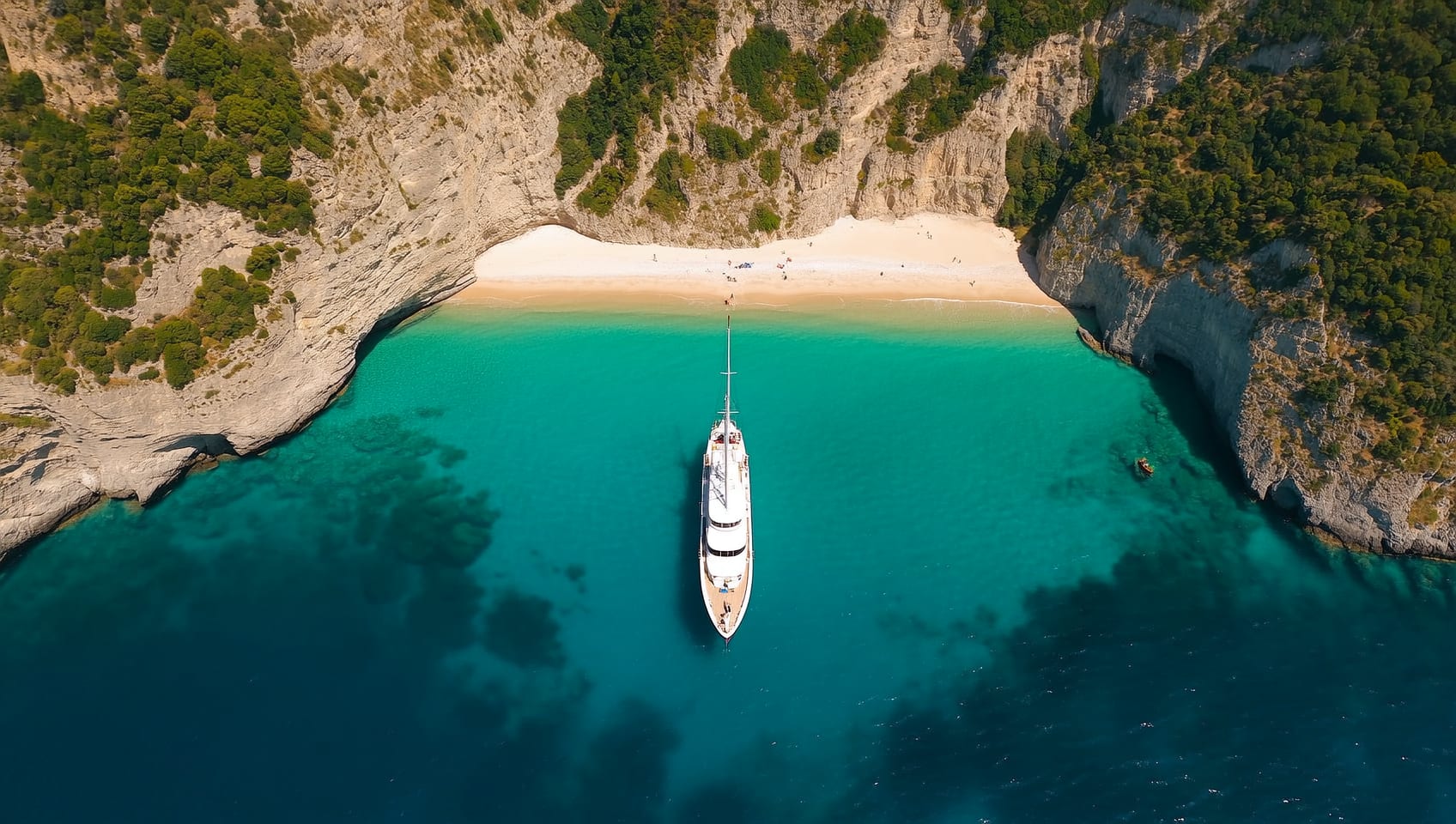 Aerial view of a motor yacht at anchor off a forested cove and sandy beach