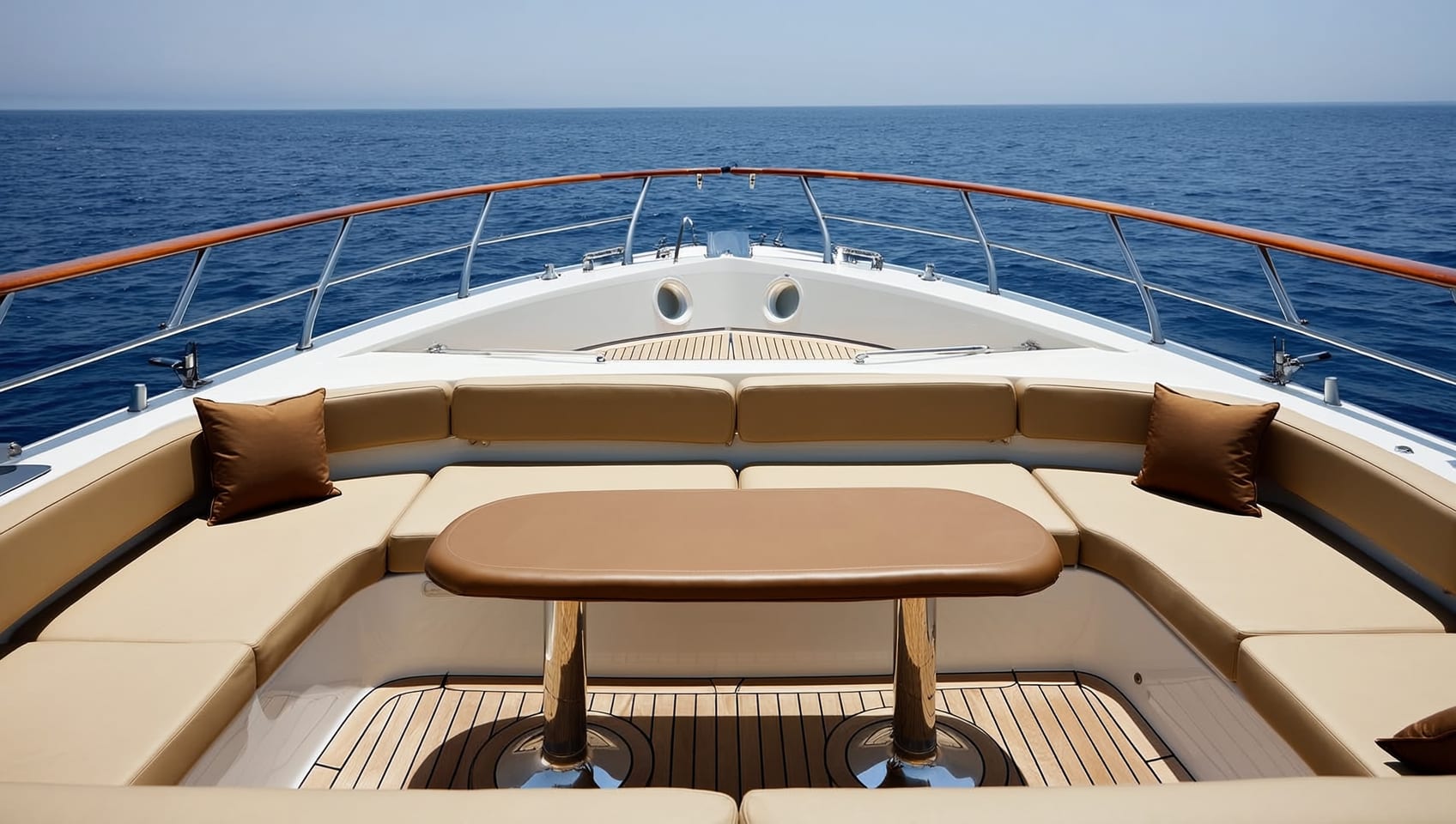 Shaded cockpit lounge with cream and espresso cushions