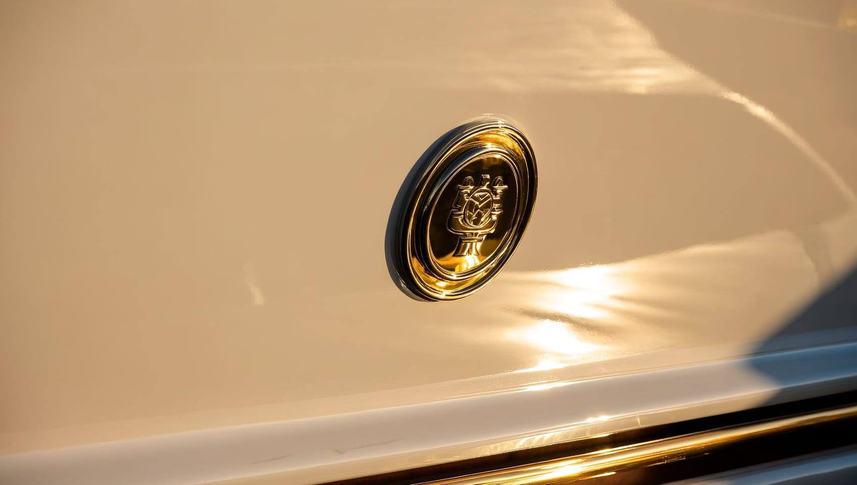 Polished hull emblem catching the sun along the side deck