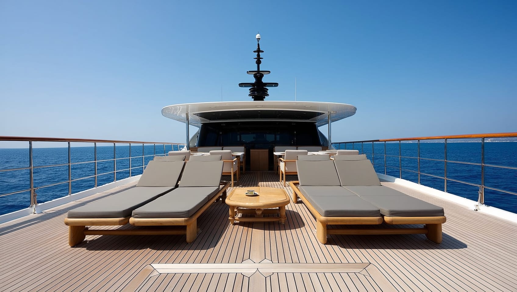 Foredeck lounge seating under a clear sky