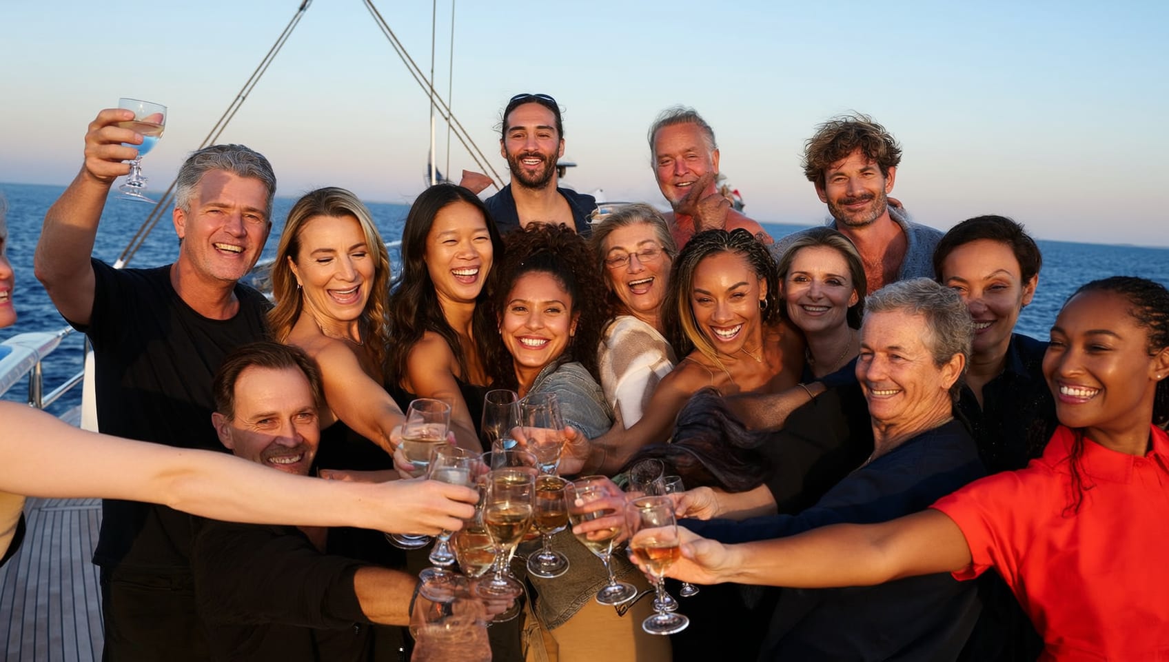 Guests raising a toast on the aft deck at sunset overlooking the water