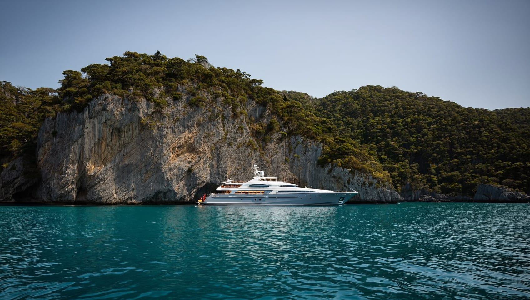 A superyacht at anchor in a sheltered cove beneath towering cliffs