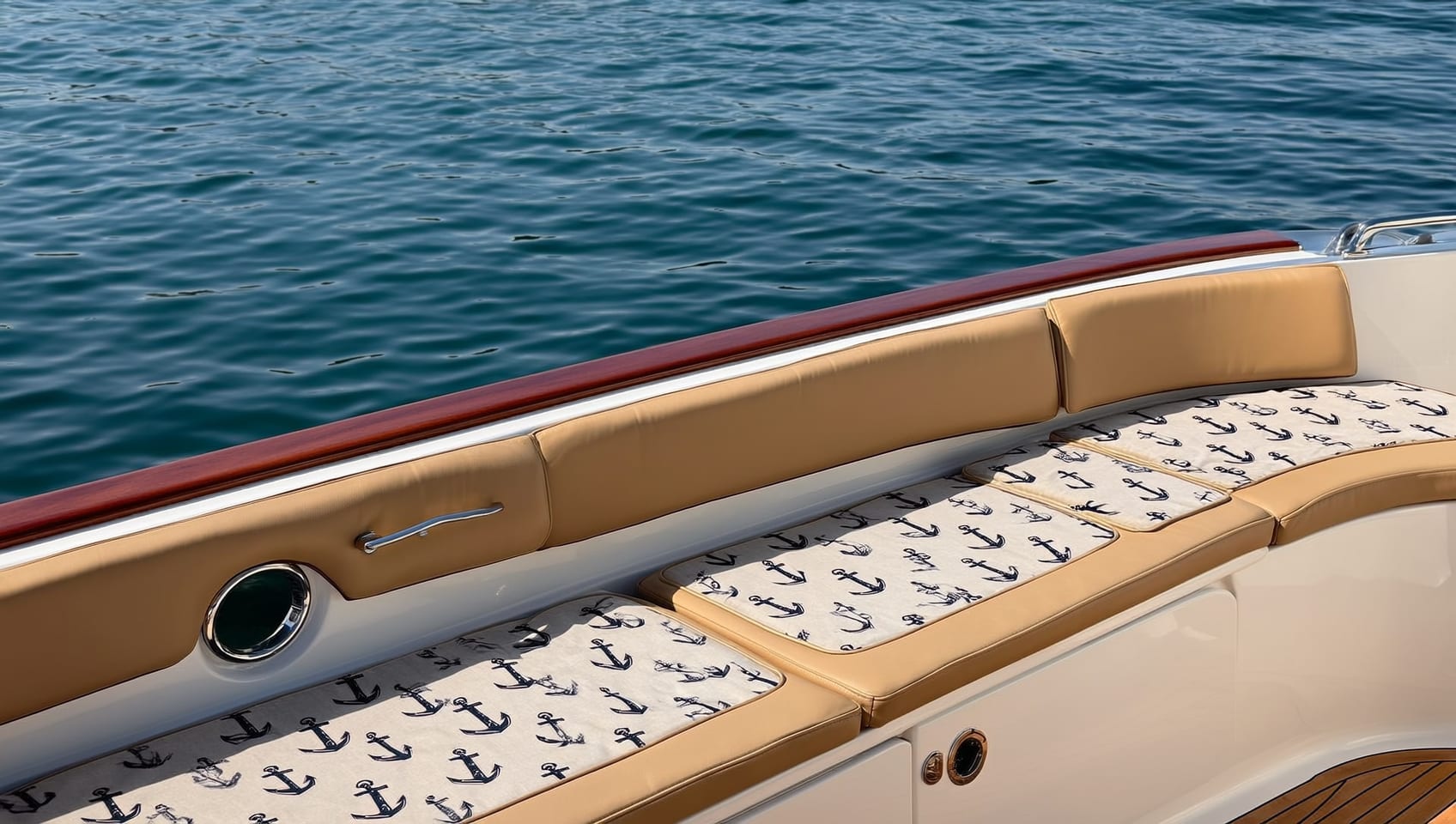 Transom seating detail with anchor-print pillows