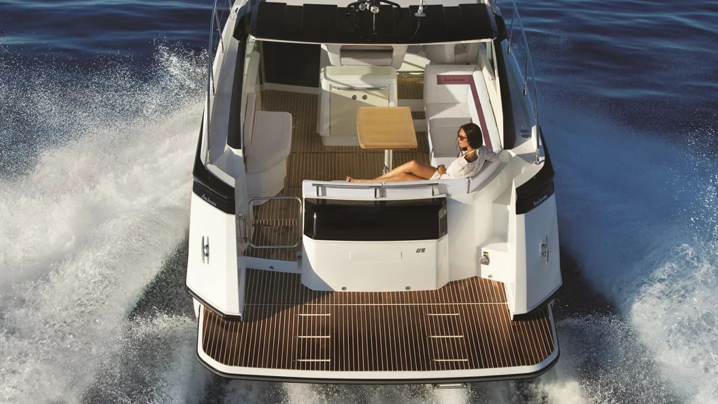 Aerial view of the stern sunpad and swim deck at rest