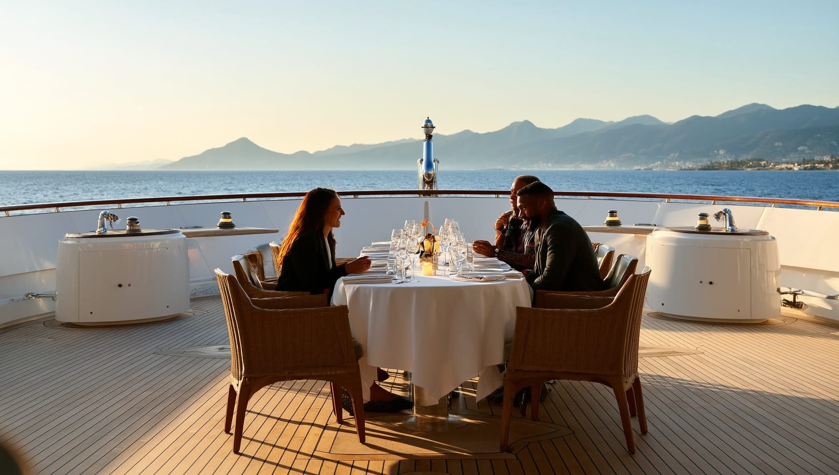 A formally set table for guests on the aft deck at sunset with mountains behind