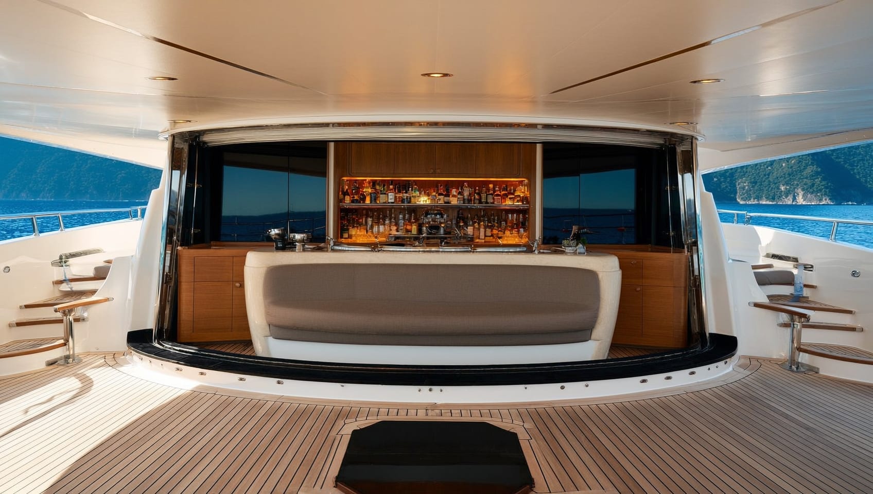 Aft deck lounge and wet bar opening into the salon
