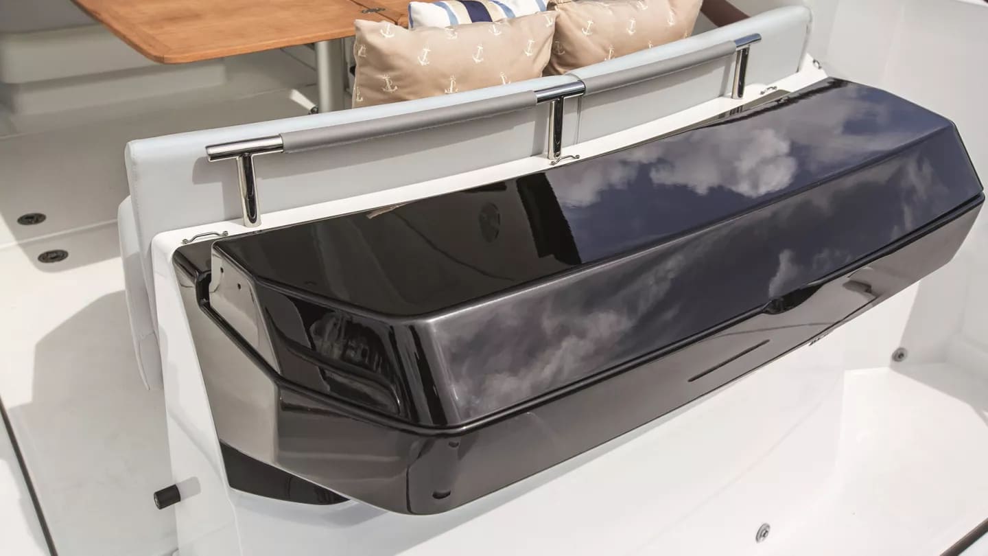 Transom seating detail with anchor-print pillows