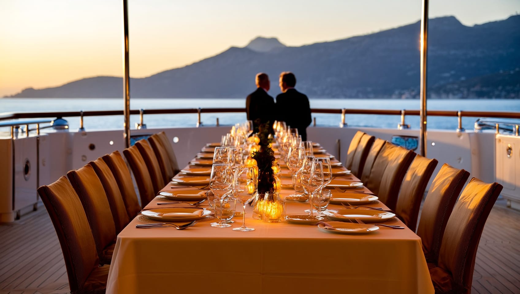 A formally set table for guests on the aft deck at sunset with mountains behind
