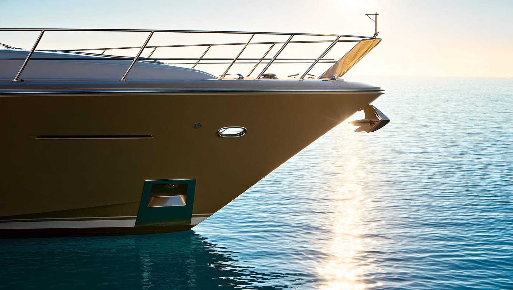 Polished hull emblem catching the sun along the side deck
