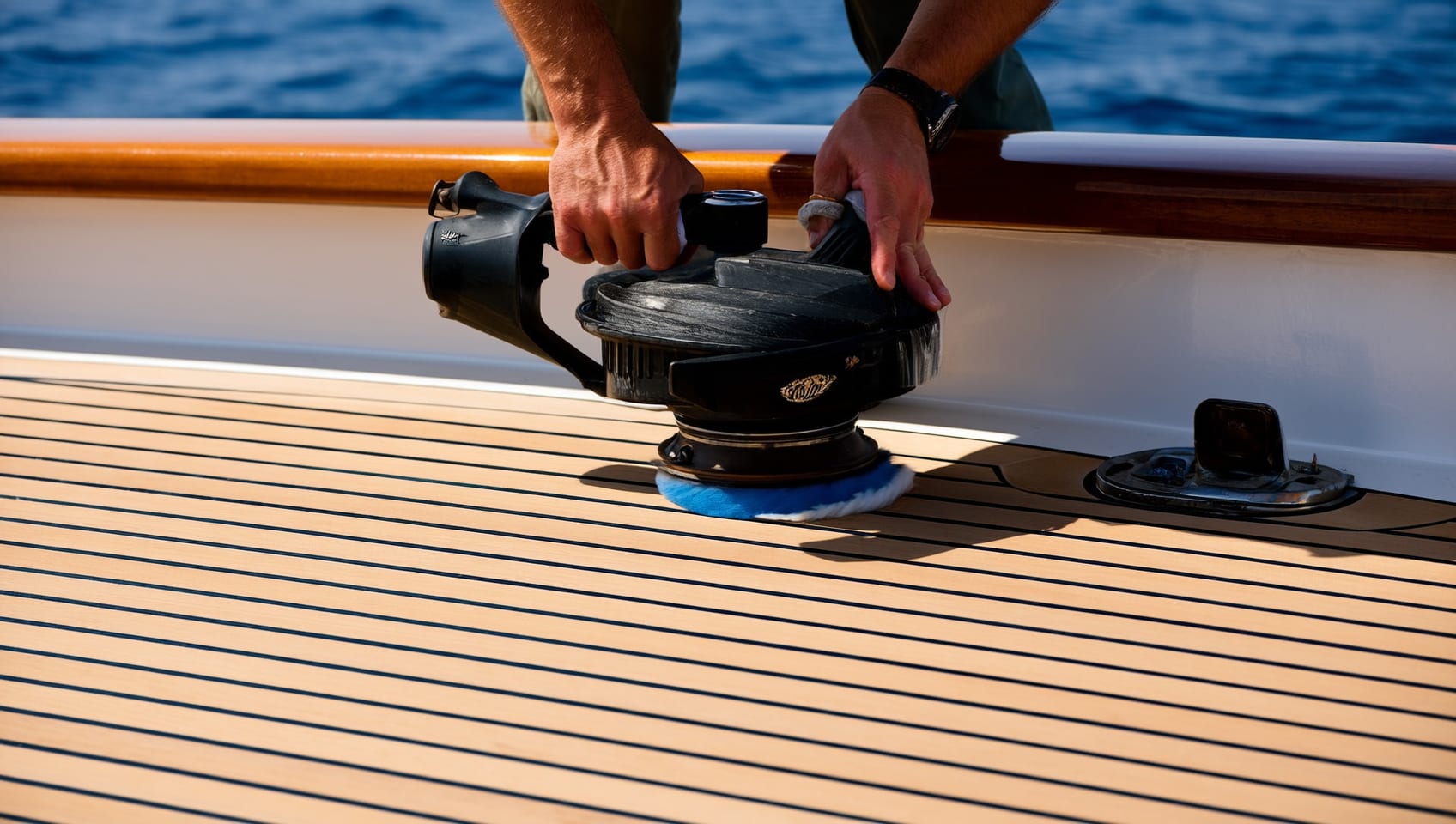 Transom seating detail with anchor-print pillows